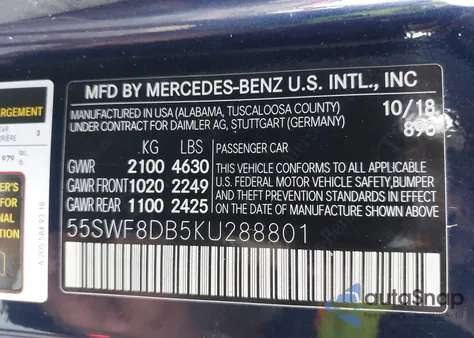 2019 Mercedes-Benz C 300 из США, поврежденный, VIN 55SWF8DB5KU288801